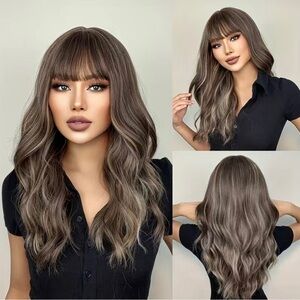 Front Bangs Brown with Light Ash Blonde Highlights Long Wavy Curls Wig 22 inches